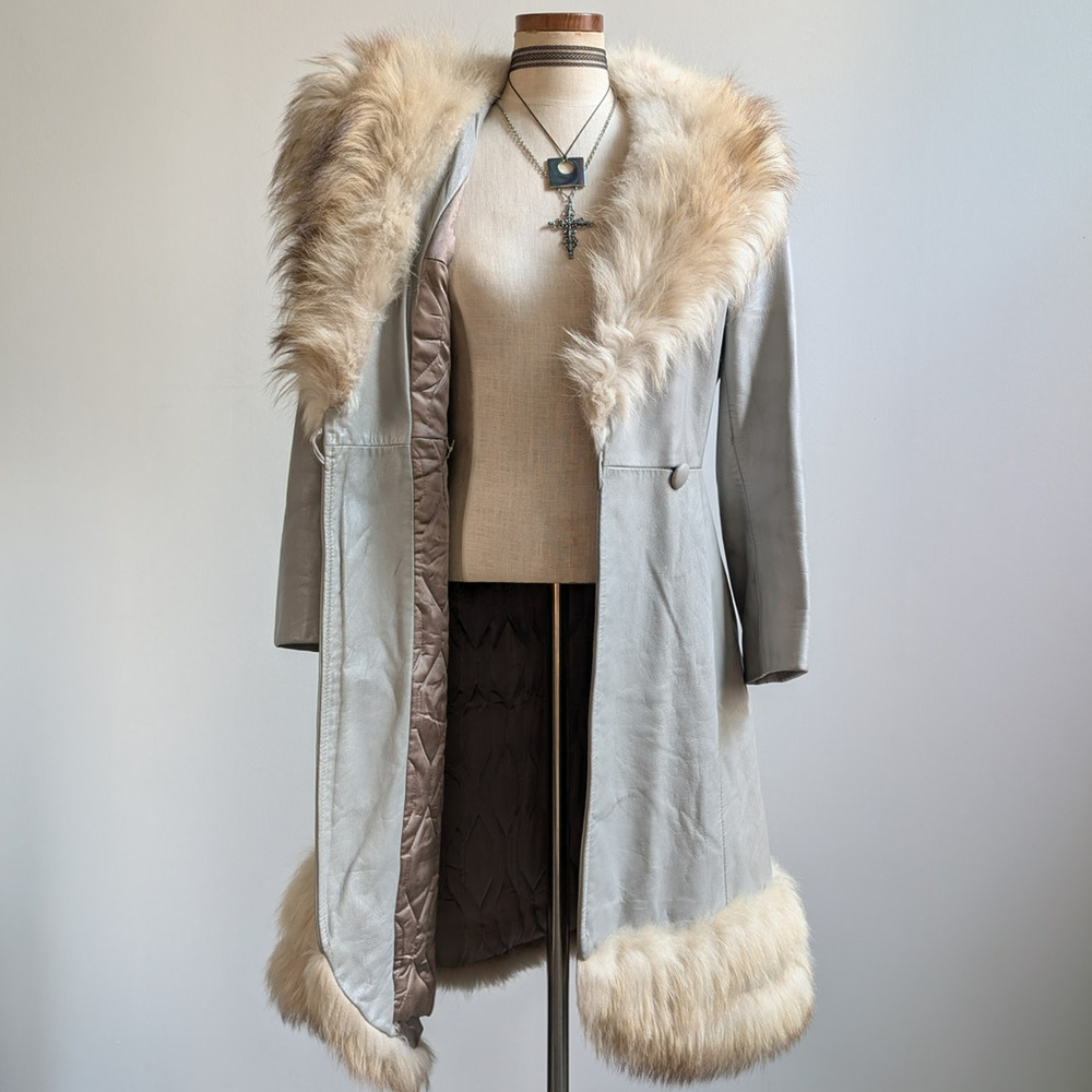 Vintage Leather Penny Lane Coat Grey Cream Fur Trim Trench Afghan Jacket Medium - Picture 3 of 12